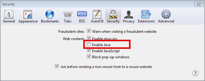 Disabling Java in Safari