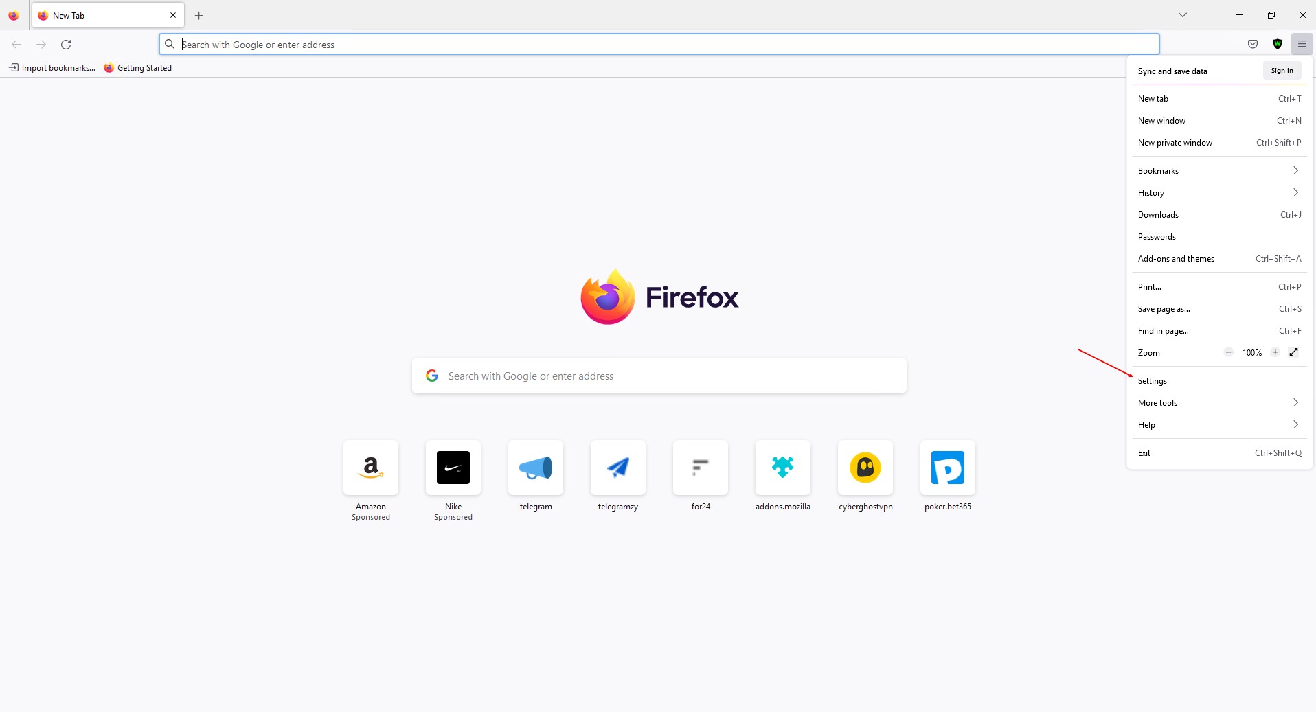 Connection settings in Firefox