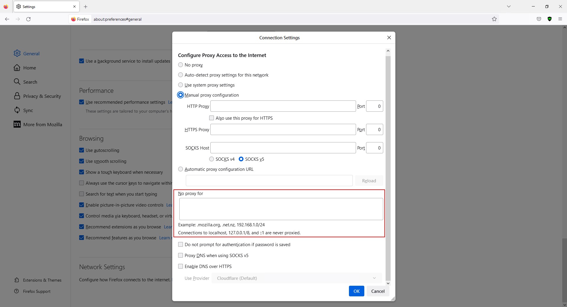 Connection settings in Firefox