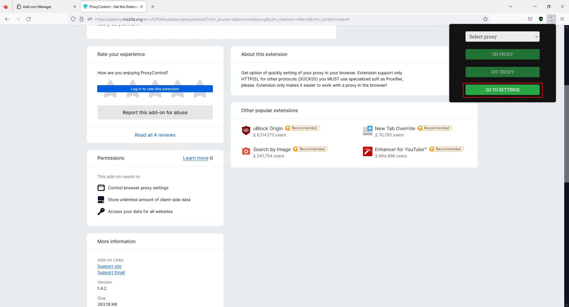 ProxyControl proxy settings