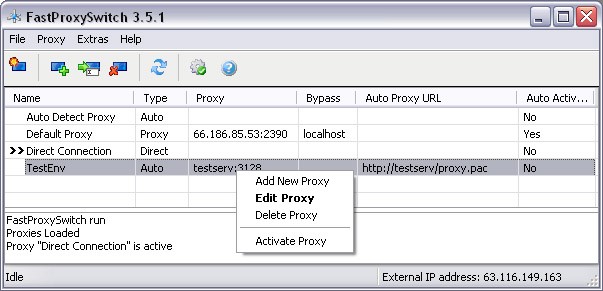 FastProxySwitch - это программа для прокси, которая также как и ProxyCap имеет возможность запускаться при запуске системы и находится в трее на протяжении работы,а так же позволяет пользователю очень быстро переключаться между собственными прокси-сервера, или быстро менять настройки прокси-серверов