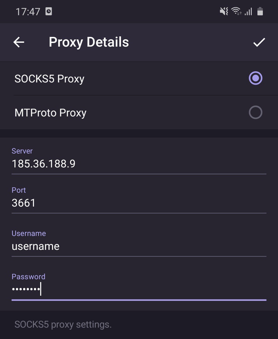 Screenshot of setting up a proxy in Telegram